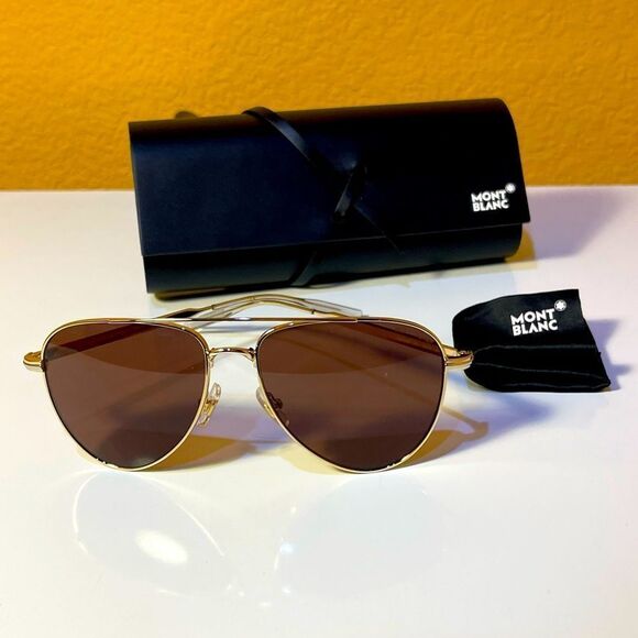Mont BLANC Unisex Aviator Style Sunglasses In Gold Tone Metal With Case